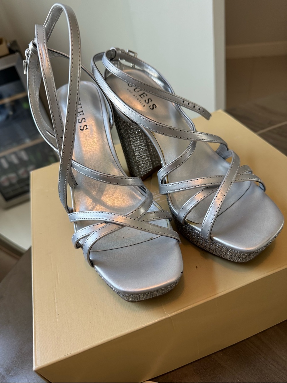 Guess Silver Metallic Strappy Platform Sandals